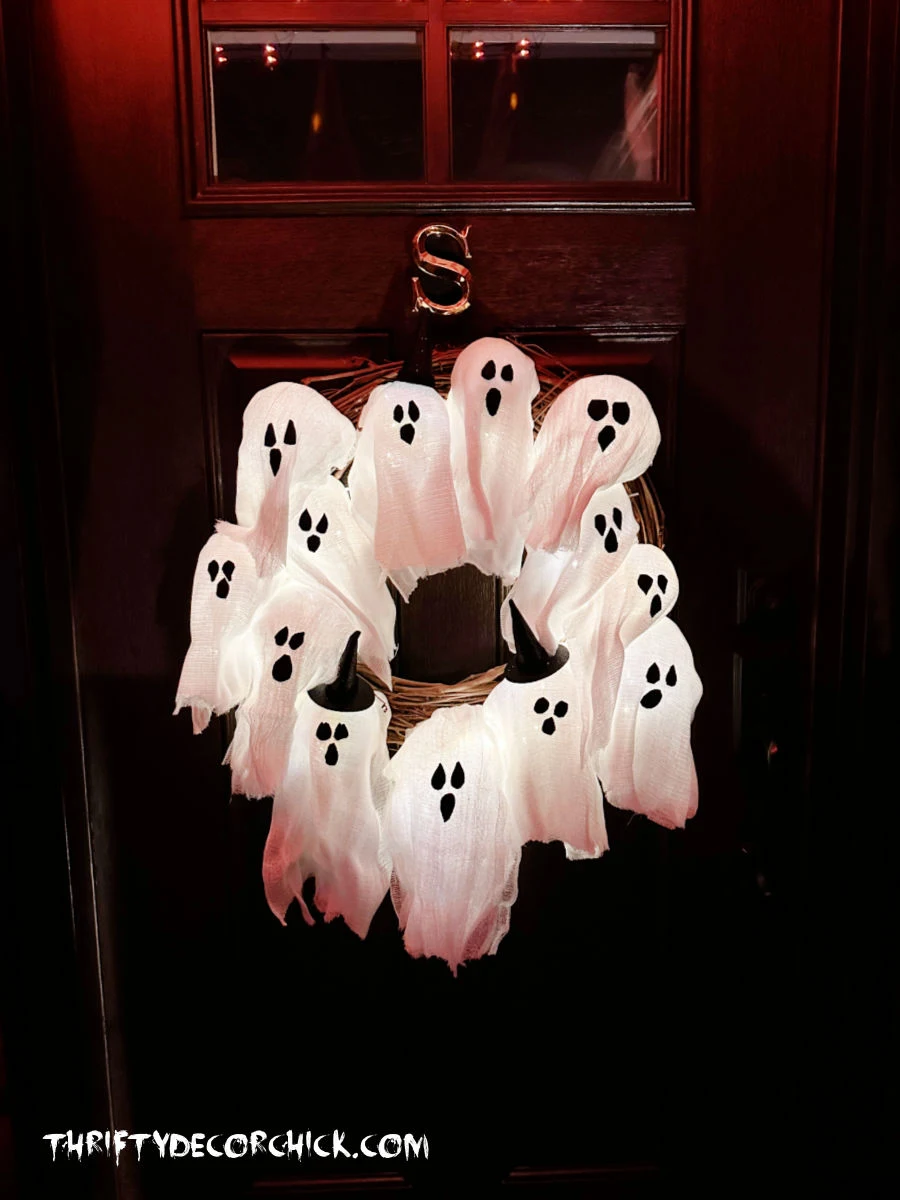 DIY Pottery Barn lit ghost wreath